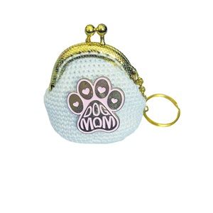 Hand made crochet keychain coin purse with dog enamel pin